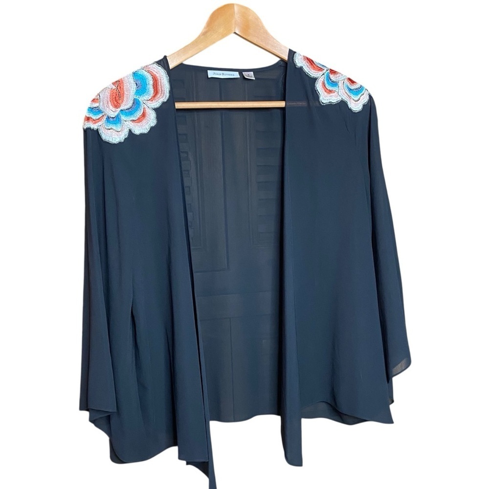 Joan Rivers black sheer open-front kimono with embroidered flowers size-small